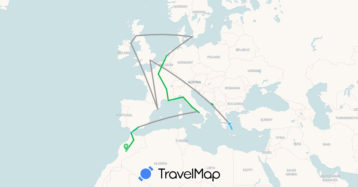 TravelMap itinerary: driving, bus, plane, boat in Denmark, Spain, France, United Kingdom, Gibraltar, Greece, Croatia, Italy, Morocco, Montenegro, Netherlands (Africa, Europe)